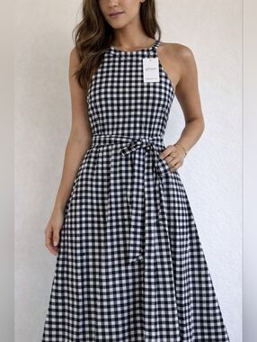 Gibson NWT Gingham Midi Dress Women Medium Black White Belted Fit Flare